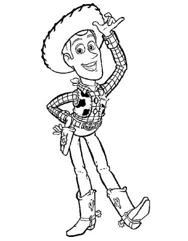 Ausmalbild Toy Story: Cowboy-Puppe Woody lächelt und tippt seinen Hut