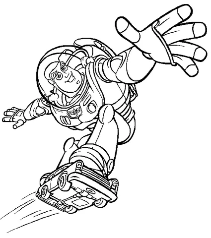 Ausmalbild Toy Story: Buzz Lightyear fliegt mit einem Spielzeugauto an seinem Fuß