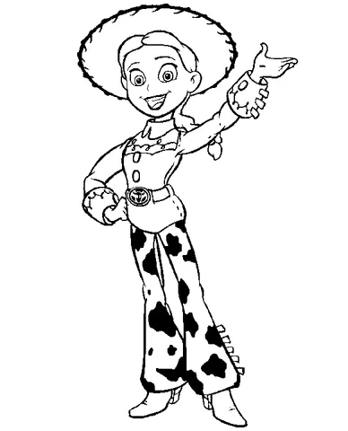 Ausmalbild Toy Story: Cowgirl-Puppe Jessie lächelt, eine Hand auf der Hüfte