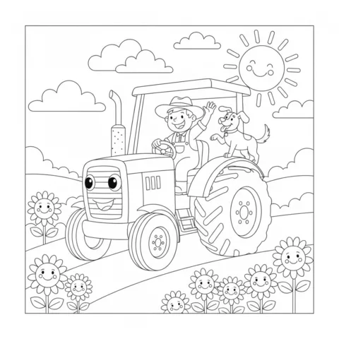 Tractor coloring page: a farmer and his dog wave from a friendly tractor in a field of smiling sunflowers