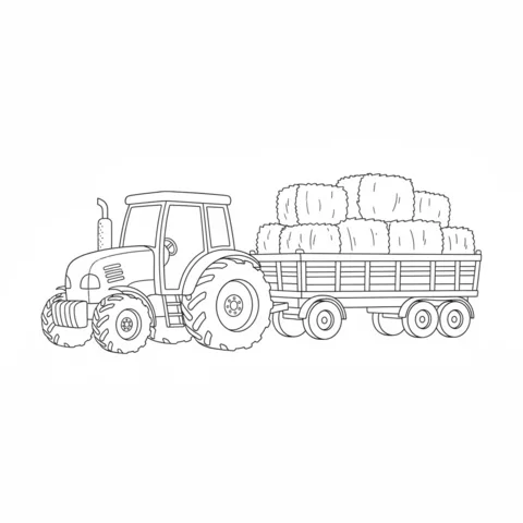 Tractor coloring page: a large tractor pulling a trailer full of hay bales