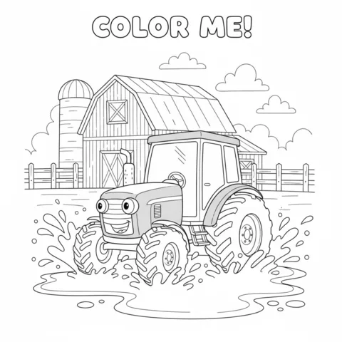 Tractor coloring page: a happy tractor splashing through a puddle in front of a barn and silo