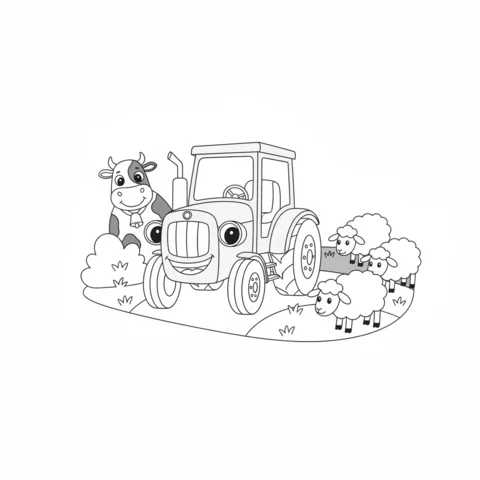 Tractor coloring page: a friendly tractor with a cow and three sheep on a grassy hill