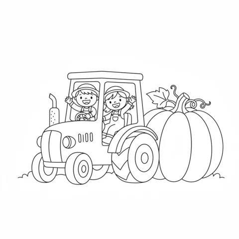 Tractor coloring page: two children waving from a tractor with a giant pumpkin in the back
