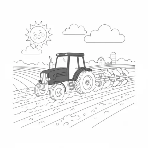 Tractor coloring page: a tractor plowing a field under a smiling sun with a barn in the background
