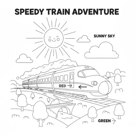 Disegno di treno da colorare: un treno veloce viaggia attraverso un paesaggio soleggiato con alberi e un ponte