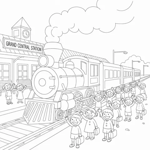 Disegno di treno da colorare: un treno a vapore alla Grand Central Station con molti bambini che salutano