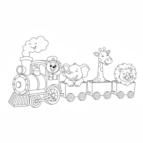 Disegno di treno da colorare: un orso macchinista che guida un treno con un elefante, giraffa e leone come passeggeri