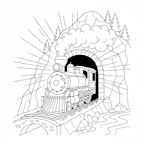 Disegno di treno da colorare: un treno a vapore che emerge da un tunnel di montagna, fumo che esce dal suo camino