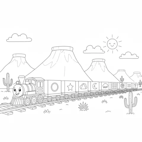 Disegno di treno da colorare: un simpatico treno che tira vagoni con forme e simboli attraverso un paesaggio desertico