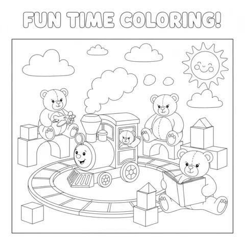 Disegno di treno da colorare: un trenino su un binario circondato da orsetti di peluche e blocchi da costruzione