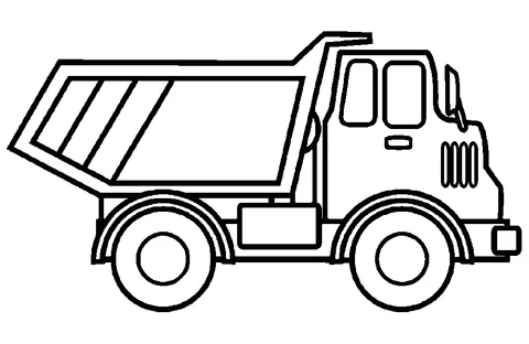 Dump truck coloring page: a simple dump truck with a raised bed, ready for hauling