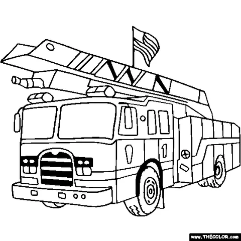 Fire truck coloring page: a large fire truck with an extended ladder and an American flag