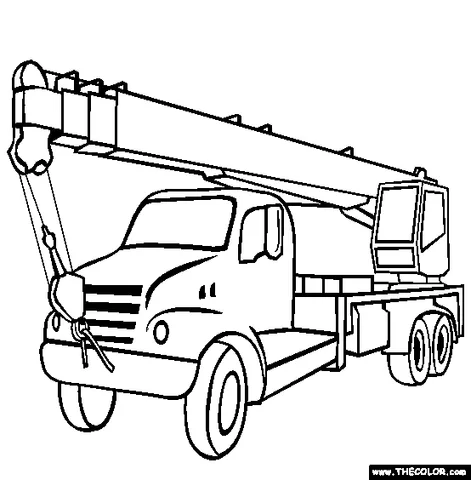 Crane truck coloring page: a heavy-duty crane truck with its boom extended and hook hanging