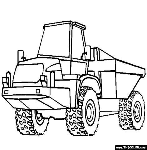 Articulated dump truck coloring page: a large articulated dump truck with massive tires