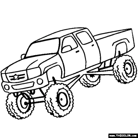 Monster truck coloring page: a lifted monster truck with huge off-road tires and a long bed