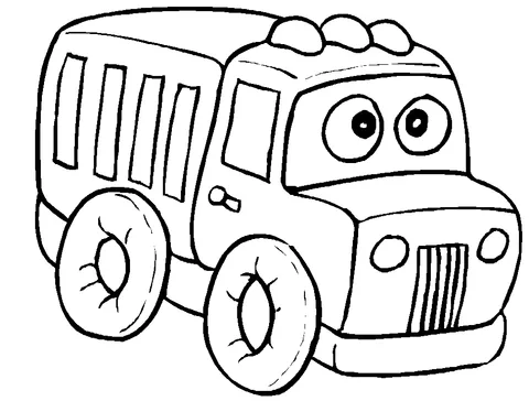 Cartoon truck coloring page: a cute cartoon truck with big eyes and a small cargo bed