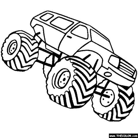 Monster truck coloring page: a large monster truck with enormous, knobby tires