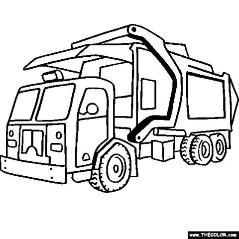 Garbage truck coloring page: a modern garbage truck with a compactor mechanism and multiple wheels