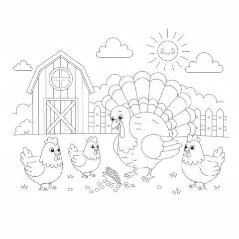 Desenho de Peru para colorir: um peru e três galinhas comendo milho em uma fazenda com um celeiro