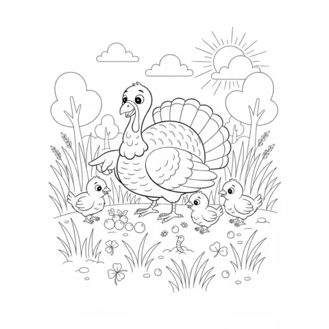 Desenho de Peru para colorir: um peru com três pintinhos em um campo, apontando para frutas e um verme