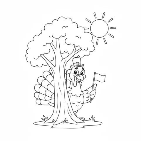 Desenho de Peru para colorir: um peru usando cartola e segurando uma bandeira, espiando por trás de uma árvore