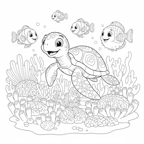 Coloriage Tortue : une tortue de mer heureuse nageant parmi les coraux et quatre poissons souriants