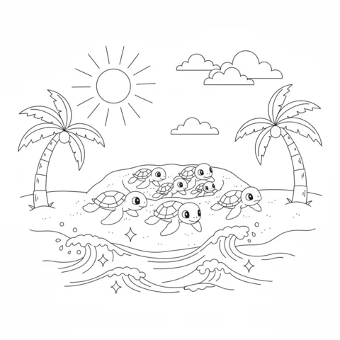 Coloriage Tortue : sept bébés tortues rampant sur une plage de sable vers les vagues de l'océan