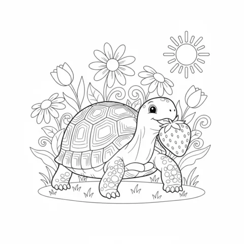 Coloriage Tortue : une jolie tortue tenant une fraise dans sa bouche, entourée de fleurs