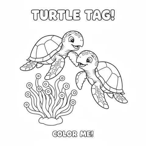 Coloriage Tortue : deux tortues de mer heureuses jouant près d'une anémone, avec le texte « TURTLE TAG! COLOR ME! »