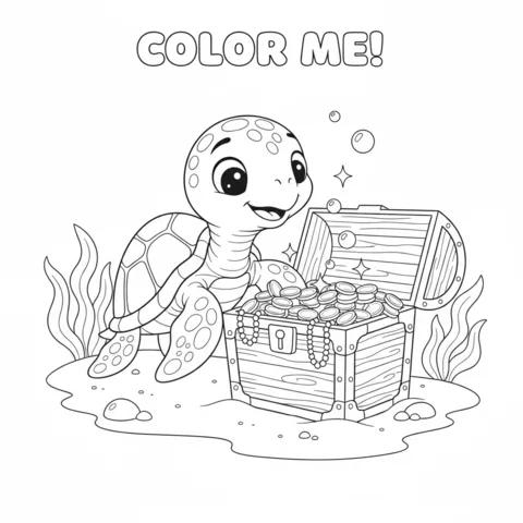 Coloriage Tortue : une tortue bébé à côté d'un coffre au trésor ouvert rempli de pièces d'or et de perles