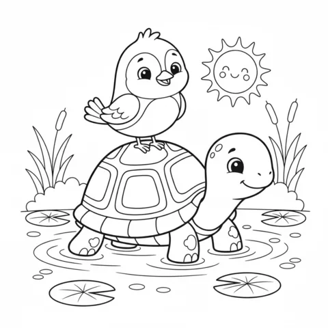 Coloriage Tortue : un petit oiseau monté sur le dos d'une tortue dans un étang avec des nénuphars