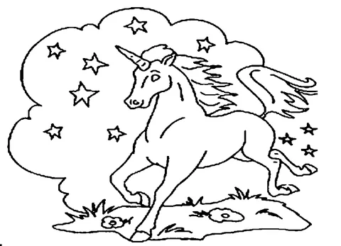 Coloriage licorne : une licorne ailée avec une crinière et une queue flottantes, gambadant dans un champ sous les étoiles