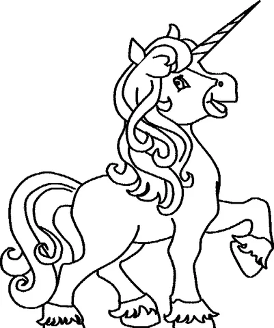 Coloriage licorne : une licorne joyeuse avec une crinière et une queue bouclées, debout sur ses pattes arrière