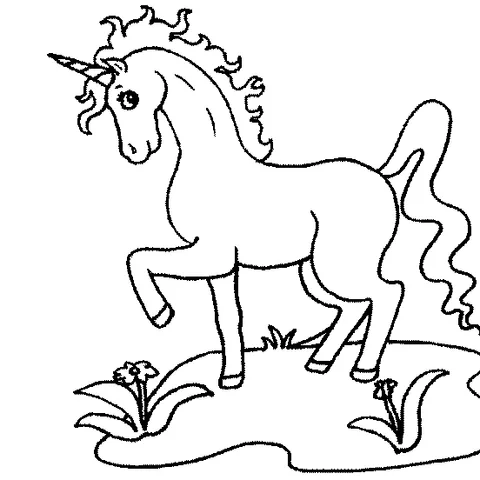 Coloriage licorne : une licorne avec une crinière et une queue bouclées, debout sur une patte levée dans un champ