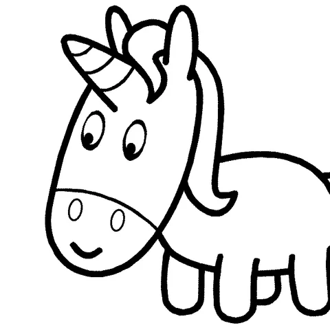 Coloriage licorne : une jolie licorne avec une petite corne et un visage heureux, regardant vers l'avant
