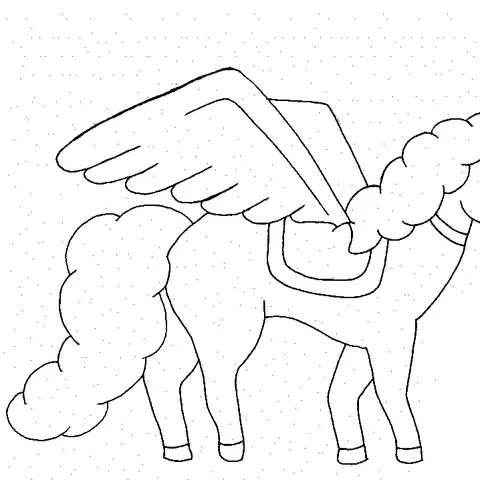Coloriage licorne : une licorne ailée avec une selle sur le dos et une crinière et une queue duveteuses