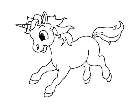 Coloriage licorne : un bébé licorne joyeux avec une crinière et une queue bouclées, gambadant joyeusement