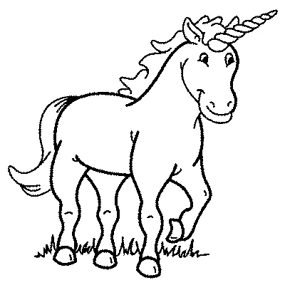 Coloriage licorne : une licorne amicale avec une crinière et une queue bouclées, debout dans un champ herbeux
