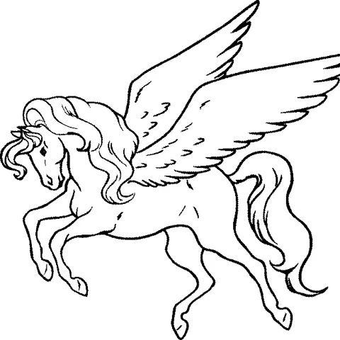 Coloriage licorne : une majestueuse licorne ailée avec une longue crinière et une queue flottantes, en plein vol