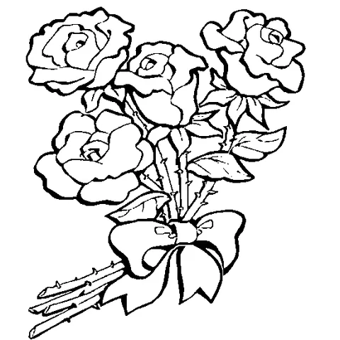Coloriage Roses : un bouquet de cinq roses aux tiges épineuses nouées par un ruban