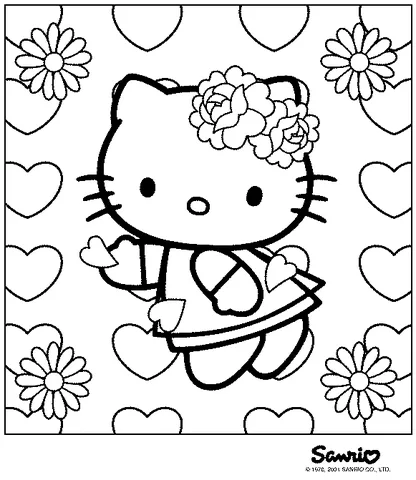 Coloriage Hello Kitty : Hello Kitty avec une couronne de fleurs entourée de cœurs et de marguerites