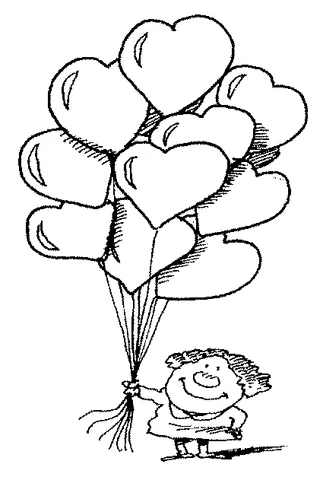 Coloriage Ballons : un enfant souriant tenant un grand bouquet de ballons en forme de cœur