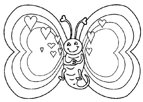 Coloriage Papillon : un papillon joyeux avec des ailes en forme de cœur et de petits cœurs flottant autour