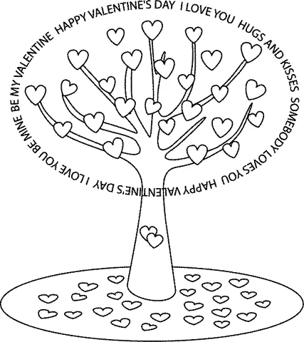 Coloriage Arbre : un arbre avec des feuilles en forme de cœur et du texte sur la Saint-Valentin autour