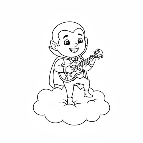 Ausmalbild Vampir: ein glücklicher Vampirjunge spielt Gitarre, während er auf einer Wolke steht