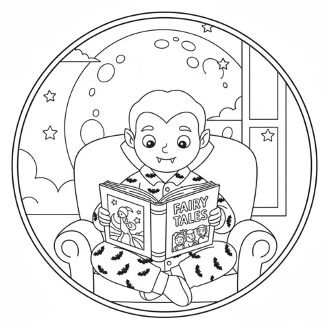 Ausmalbild Vampir: ein Vampirjunge im Schlafanzug liest ein Märchenbuch in einem Sessel, mit einem Mond und Sternen draußen