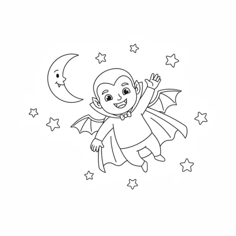 Ausmalbild Vampir: ein süßer Vampirjunge fliegt mit seinem Umhang, mit einem Halbmond und Sternen um ihn herum