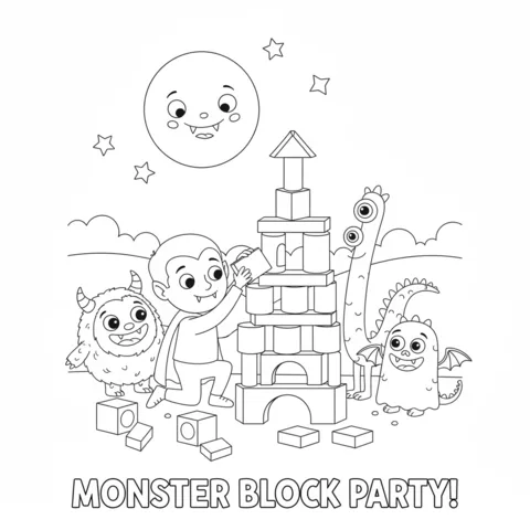 Ausmalbild Vampir: ein Vampirjunge und drei Monster bauen einen hohen Turm mit Bausteinen unter einem lächelnden Mond