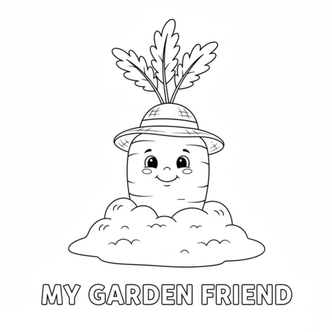 Vegetables coloring page: a cute carrot wearing a hat, peeking out of the ground